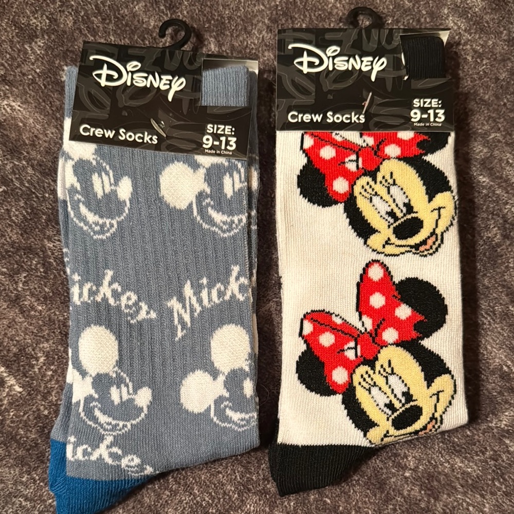 Bundle 2 pairs Disney Mickey & Minnie Mouse socks unisex 9-13